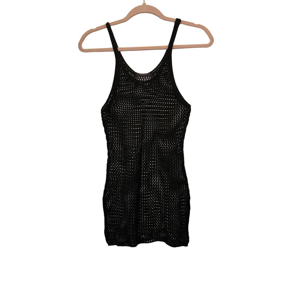 Shein Black Crochet Mini Dress XS Sheer‎ Bodycon Swim Cover Up Festival Y2K